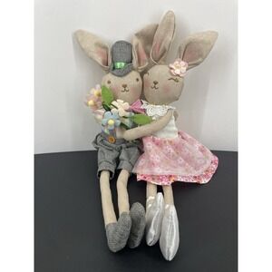 Cloth Bunny Rabbit Couple Figurines Spring Easter Home Decor Fabric Shelf Sitter